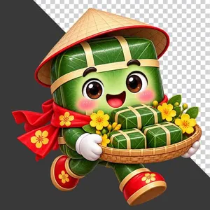 Bánh chưng đội nón lá bưng mâm bánh chưng hoa mai - File PNG
