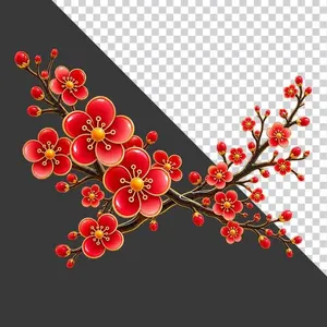 File PNG - Cành hoa đào đỏ giao nhau khoe sắc.