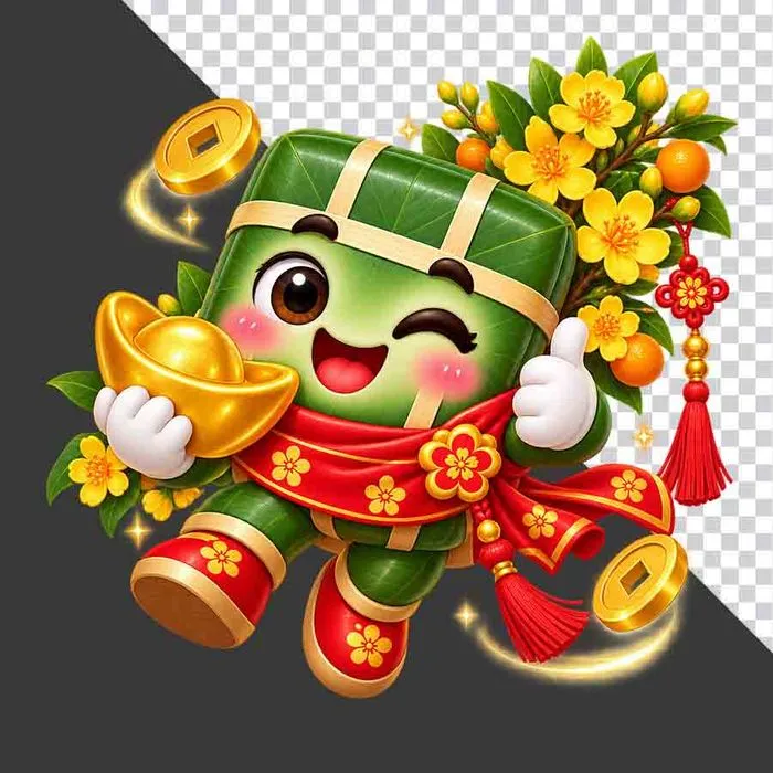 Bánh chưng cầm thỏi vàng và cành hoa mai tài lộc ngày Tết - File PNG