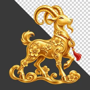 File PNG - Tượng dê vàng nguyên khối dáng bước cổ tiền xu dây đỏ
