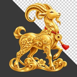 File PNG - Tượng dê vàng nguyên khối dây đỏ tiền xu mây vàng
