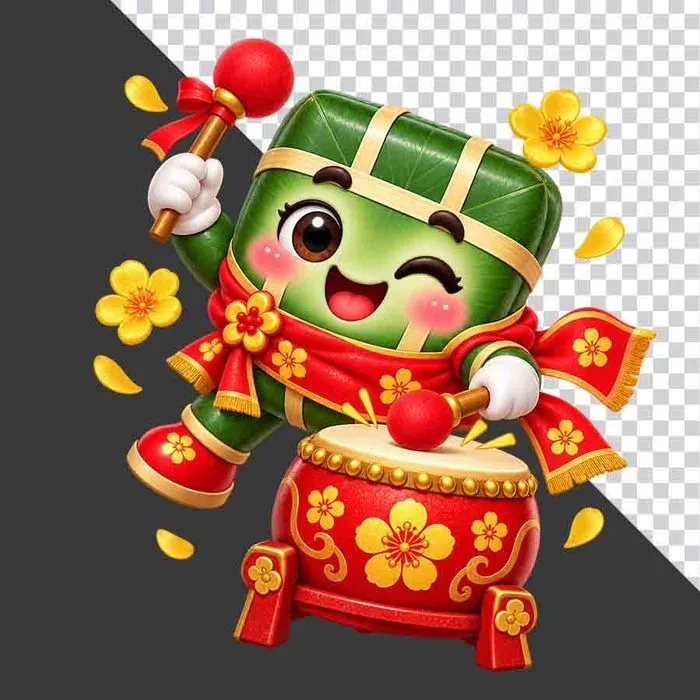 File PNG - Bánh chưng đánh trống hội tết hoa mai vàng rực rỡ