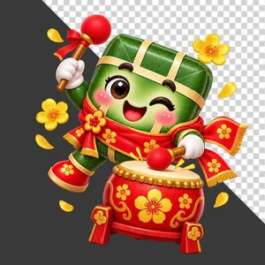 File PNG - Bánh chưng đánh trống hội tết hoa mai vàng rực rỡ