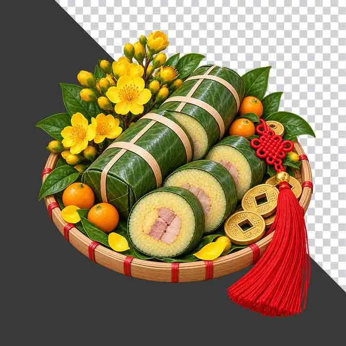Mẹt bánh tét cắt miếng trang trí hoa mai quả tắc và đồng tiền vàng ngày Tết - File PNG