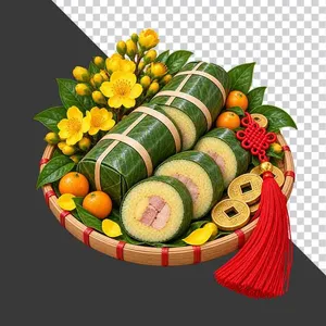 Mẹt bánh tét cắt miếng trang trí hoa mai quả tắc và đồng tiền vàng ngày Tết - File PNG