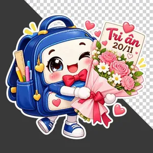 File PNG - Ba lô học sinh xanh dương nháy mắt ôm bó hoa hồng và thiệp Tri ân 20 tháng 11