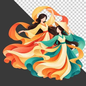 File PNG - Hai thiếu nữ múa nghệ thuật đội nón lá trang phục cam xanh dải lụa bay   