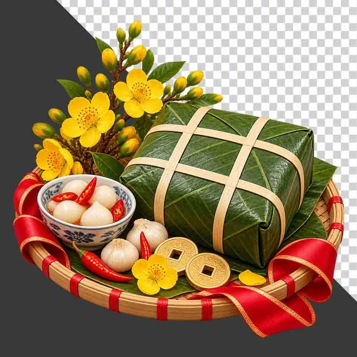 Mẹt bánh chưng dưa hành tỏi ớt hoa mai tiền cổ và ruy băng đỏ ngày Tết - File PNG