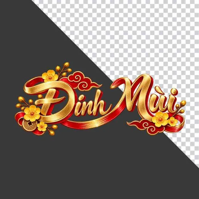 File PNG - Chữ Đinh Mùi 3D ngang hoa mai vàng lụa đỏ đồng tiền ngày Tết   