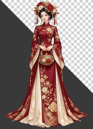 File PNG - Thiếu nữ mặc cổ phục đỏ trắng cầm giỏ hoa