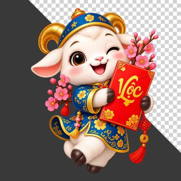Tượng chú dê xanh nháy mắt cầm phong bao lì xì chữ Lộc và cành đào - File PNG
