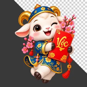 Tượng chú dê xanh nháy mắt cầm phong bao lì xì chữ Lộc và cành đào - File PNG