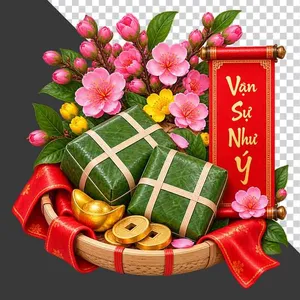 File PNG - Mẹt bánh chưng hoa đào thỏi vàng và cuộn thư Vạn Sự Như Ý