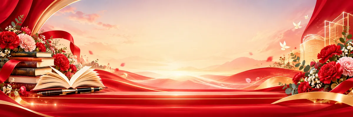 File JPG - Backdrop sân khấu khai giảng bục đỏ hoa sách chim bồ câu lụa vàng