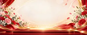 Phông nền bục sân khấu 20/11 hoa cẩm chướng lụa đỏ rực rỡ - File JPG