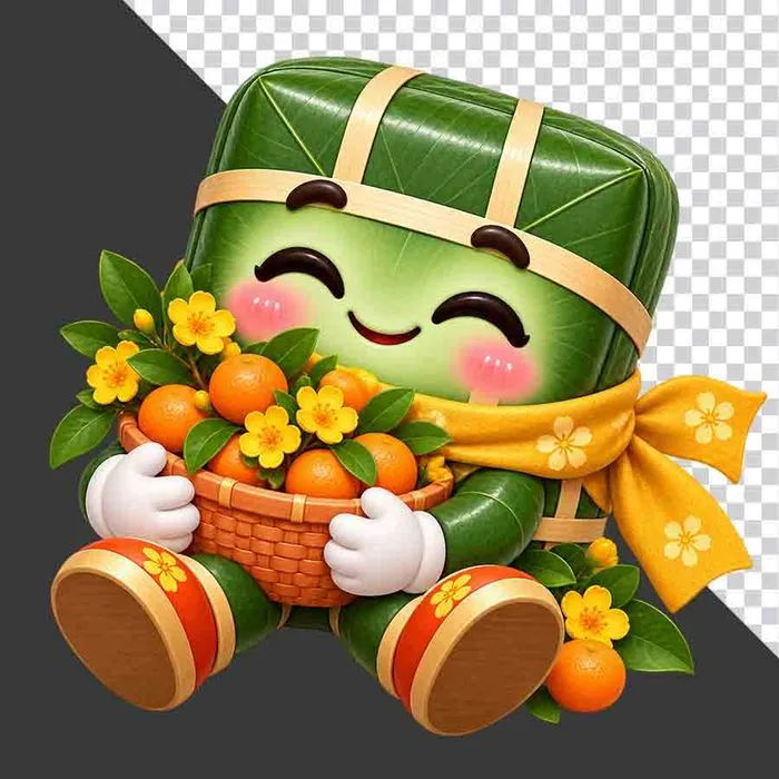 File PNG - Bánh chưng ngồi ôm giỏ quýt cam vàng hoa mai