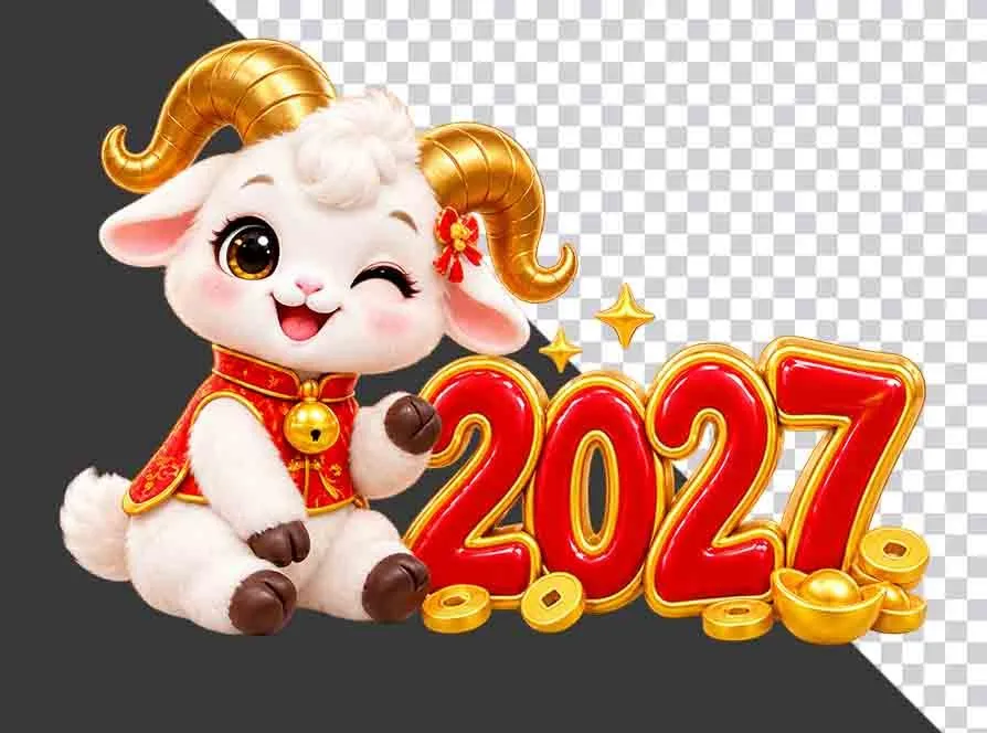 File PNG - Hình ảnh chú dê hoạt hình dễ thương ngồi nháy mắt cạnh chữ số 2027 đỏ vàng