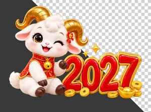 File PNG - Hình ảnh chú dê hoạt hình dễ thương ngồi nháy mắt cạnh chữ số 2027 đỏ vàng
