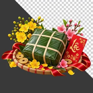 Mẹt bánh chưng hoa mai hoa đào bao lì xì Lộc tiền cổ và ruy băng đỏ - File PNG