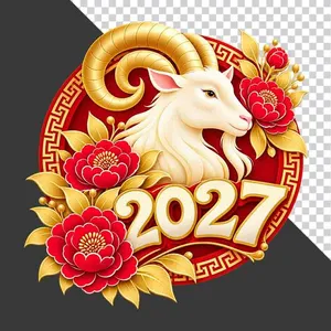 Hình ảnh đầu dê trắng và chữ số 2027 hoa mẫu đơn đỏ tròn - File PNG