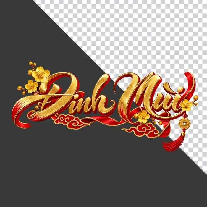 Chữ Đinh Mùi 3D mây đỏ hoa mai dải lụa ngang ngày Tết - File PNG