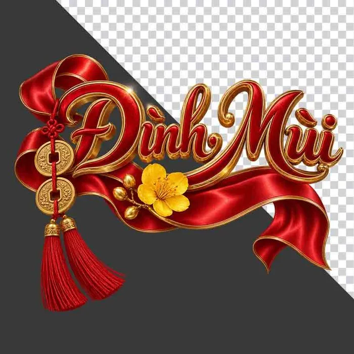 File PNG - Chữ Đinh Mùi 3D dải lụa đỏ đồng tiền vàng hoa mai ngày Tết
