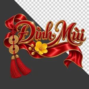 File PNG - Chữ Đinh Mùi 3D dải lụa đỏ đồng tiền vàng hoa mai ngày Tết