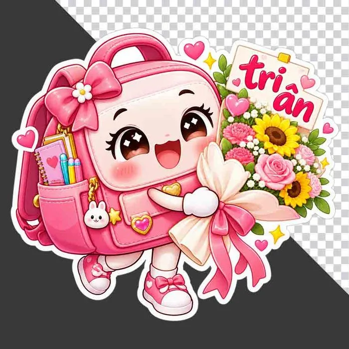 File PNG - Nhân vật cặp sách hồng hoạt hình ôm bó hoa hướng dương kèm thiệp Tri ân