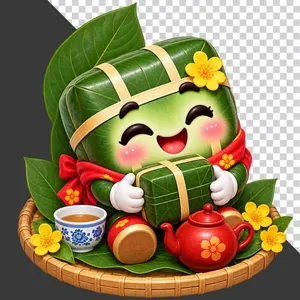 File PNG - Bánh chưng ngồi mâm tre ôm bánh chưng nhỏ bình trà hoa mai