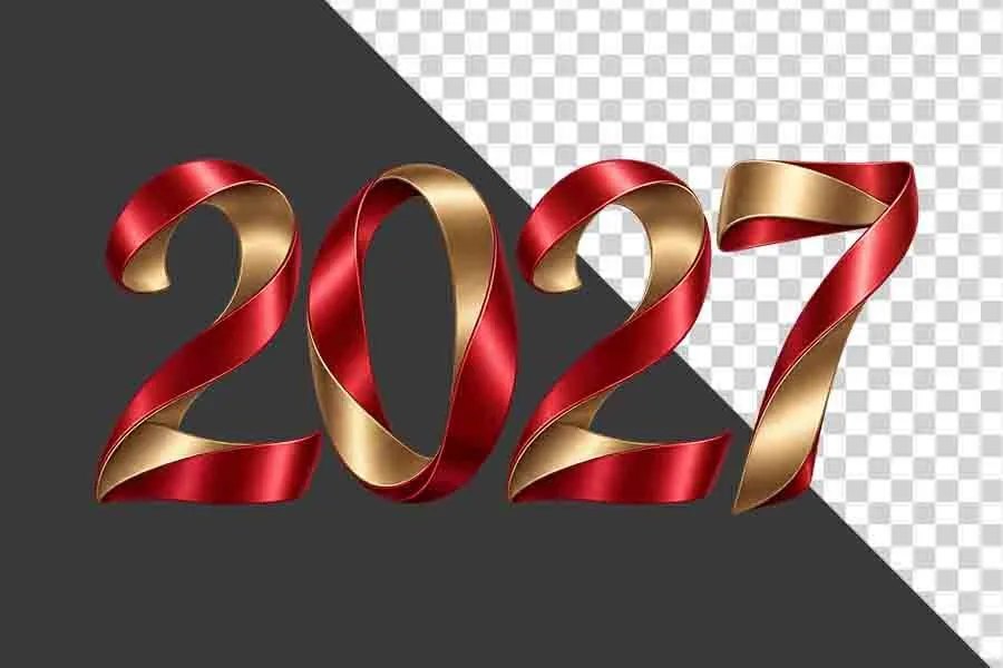 File PNG - Số 2027 3D dải ruy băng đỏ vàng kim uốn lượn nghệ thuật ngày Tết   