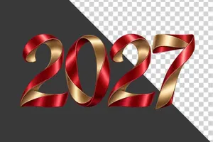 File PNG - Số 2027 3D dải ruy băng đỏ vàng kim uốn lượn nghệ thuật ngày Tết   