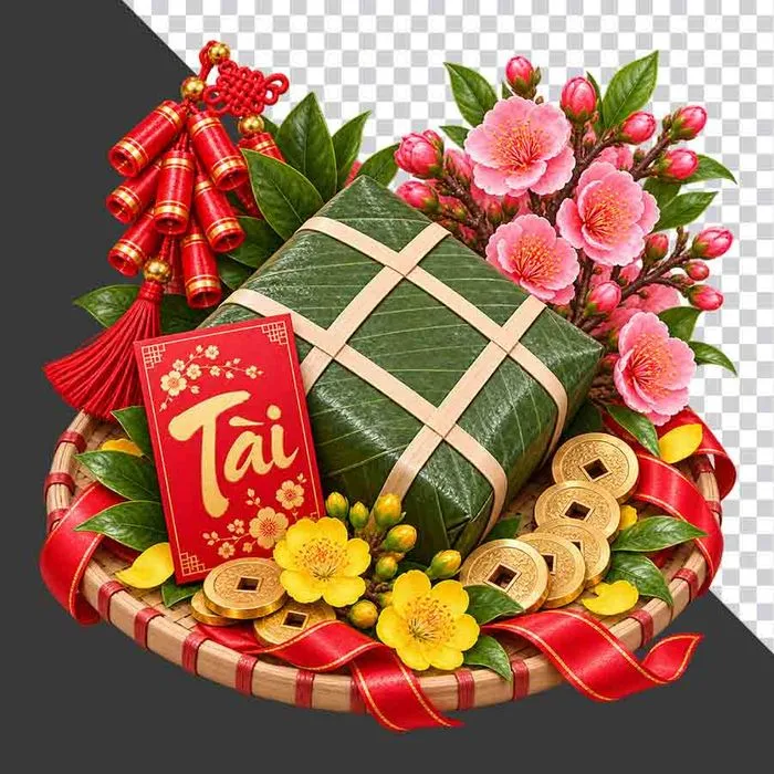 File PNG - Mẹt bánh chưng hoa đào hoa mai bao lì xì Tài tiền cổ và pháo đỏ