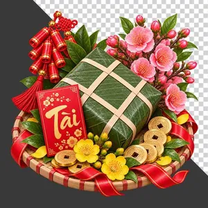 File PNG - Mẹt bánh chưng hoa đào hoa mai bao lì xì Tài tiền cổ và pháo đỏ