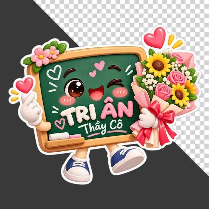 File PNG - Bảng đen hoạt hình dễ thương chữ TRI ÂN Thầy Cô ôm bó hoa 20/11