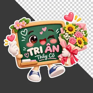 File PNG - Bảng đen hoạt hình dễ thương chữ TRI ÂN Thầy Cô ôm bó hoa 20/11