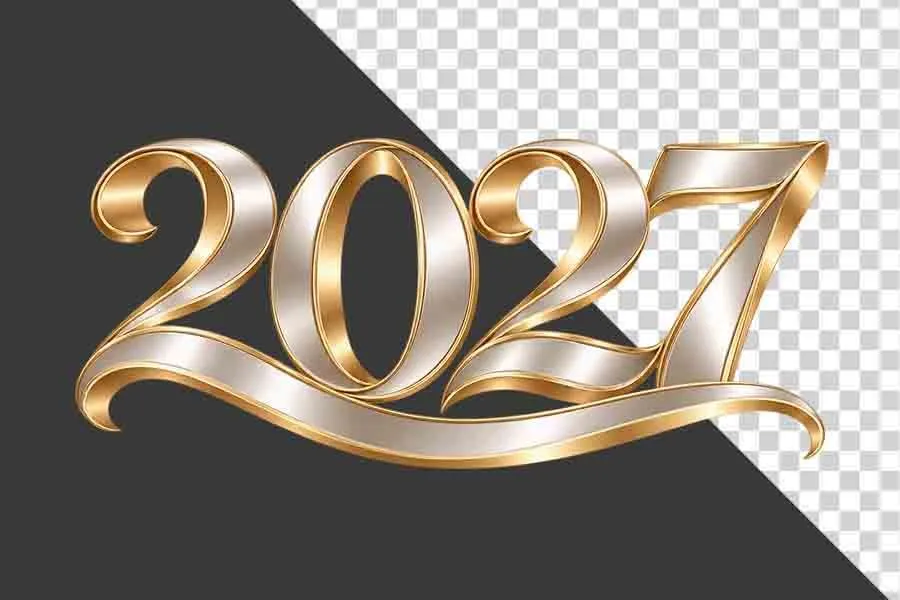File PNG - Số 2027 3D trắng bạc viền vàng kim uốn lượn nghệ thuật ngày Tết   