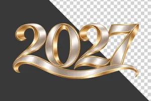 File PNG - Số 2027 3D trắng bạc viền vàng kim uốn lượn nghệ thuật ngày Tết   