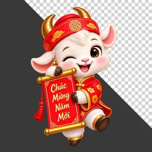 File PNG - Tượng chú dê đỏ nháy mắt cầm cuốn thư Chúc Mừng Năm Mới