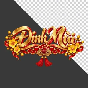 File PNG - Chữ Đinh Mùi 3D ngang hoa mai vàng lụa đỏ đồng tiền ngày Tết