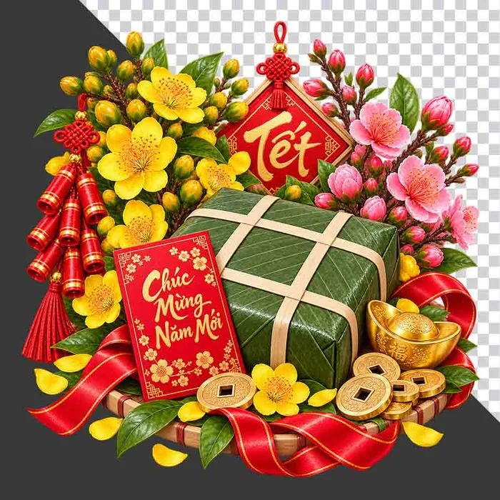 File PNG - Set trang trí Tết bánh chưng hoa mai hoa đào thỏi vàng bao lì xì và pháo đỏ