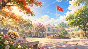 File JPG - Sân trường bình minh cờ đỏ hoa phượng