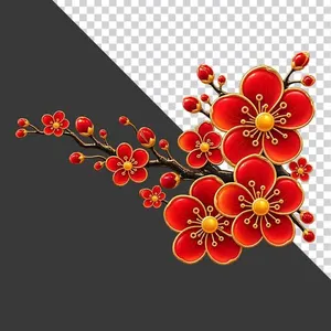 File PNG -Cành hoa đào đỏ cụm lớn khoe sắc