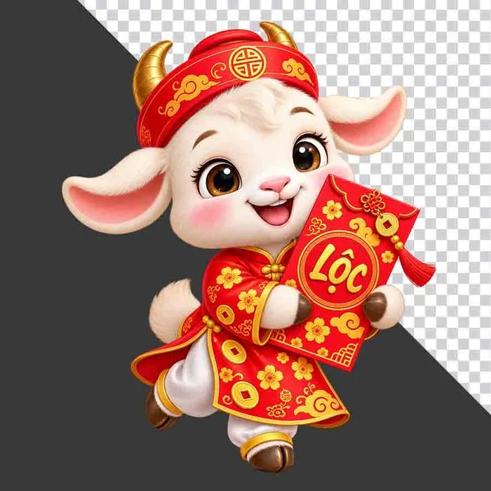 Tượng chú dê đỏ cầm bao lì xì chữ Lộc may mắn - File PNG