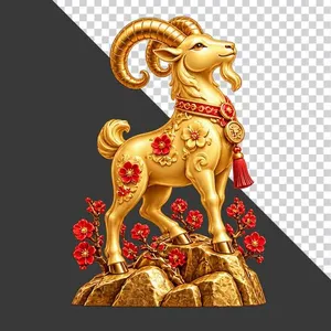 File PNG - Tượng dê vàng đứng đỉnh núi đá hoa đào đỏ