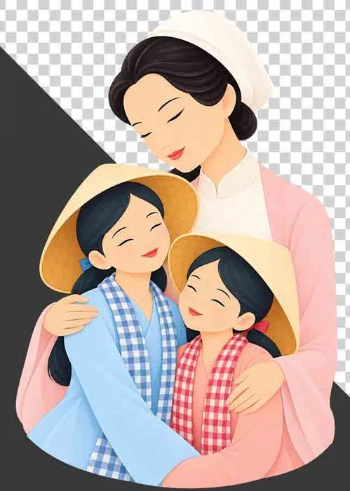 File PNG - Mẹ đội mũ vải mặc áo dài hồng ôm hai con gái mặc áo bà ba xanh hồng