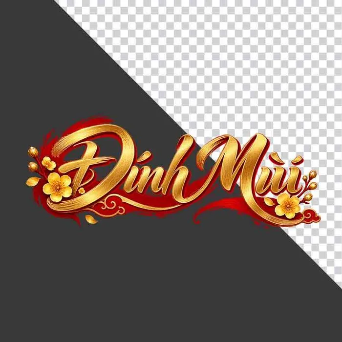 File PNG - Chữ Đinh Mùi 3D ngang dải lụa đỏ hoa mai vàng ngày Tết
