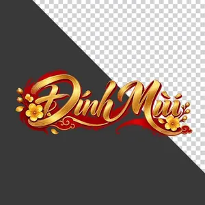File PNG - Chữ Đinh Mùi 3D ngang dải lụa đỏ hoa mai vàng ngày Tết