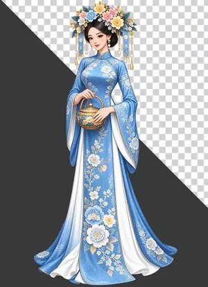 File PNG - Thiếu nữ mặc cổ phục xanh dương bưng ấm trà   