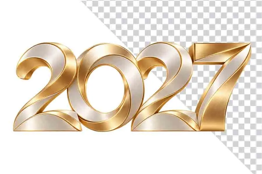 File PNG - Số 2027 3D trắng ngà viền vàng kim sắc nét sang trọng ngày Tết
