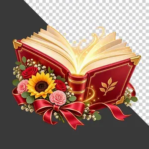 Cuốn sách mở phát sáng trang trí hoa hướng dương và ruy băng đỏ tri ân 20 tháng 11 - PNG